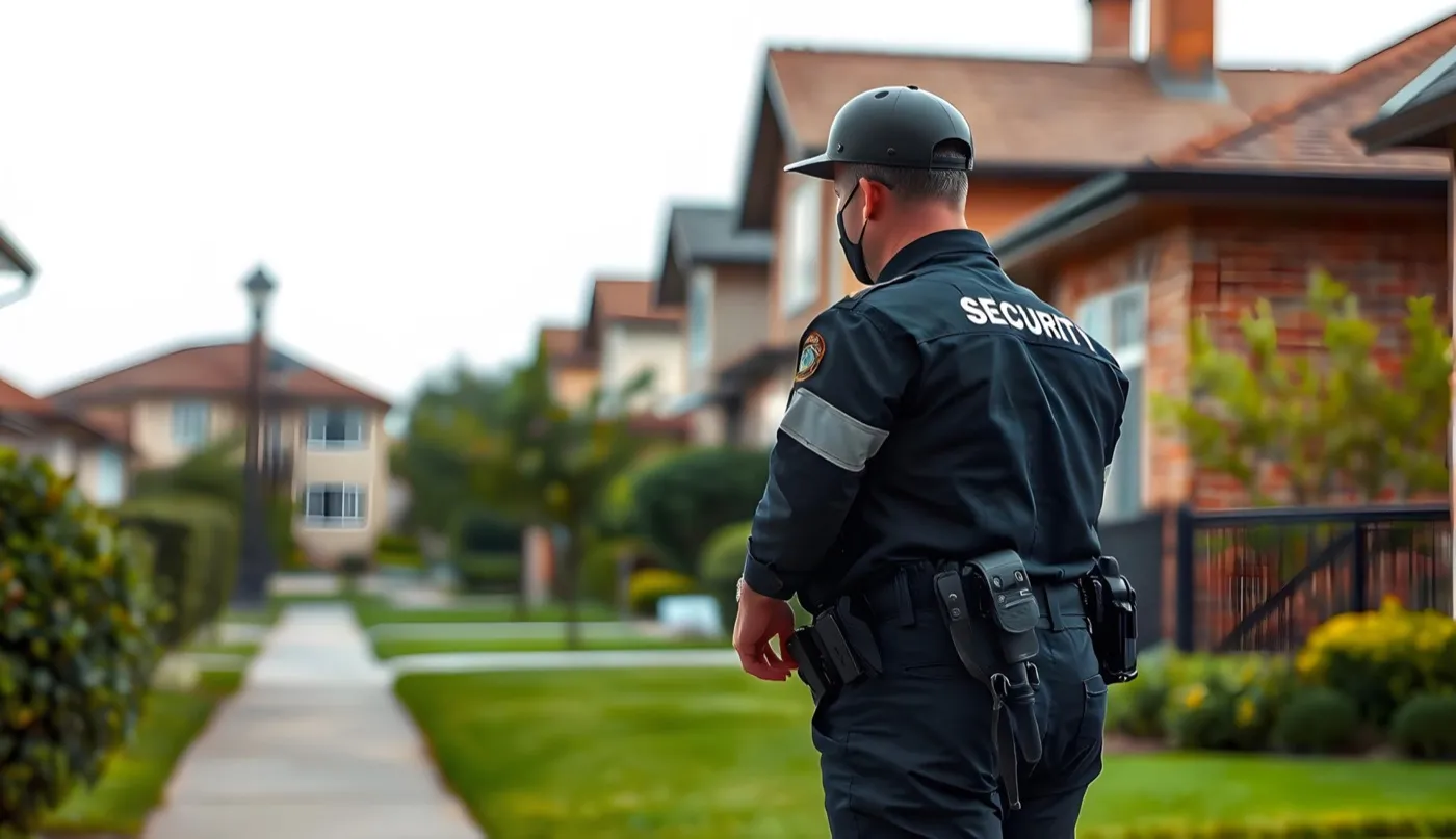 Vigilante de seguridad recorriendo una urbanización